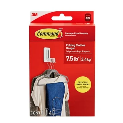 Image of Command Folding Clothes Hanger, Holds up to 5 Hangers 7.5 lb, 1.5lbs per Rung, 1 Hook with Rungs, 3 Strips, Closet Organizer, Home Organization