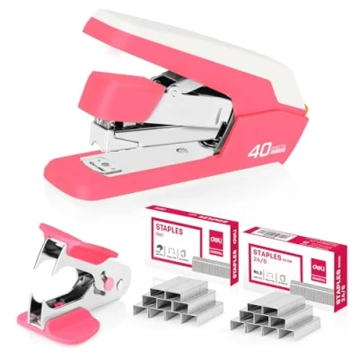 Image of DELI Effortless Desktop Stapler, Heavy Duty 40 50 Sheet Capacity, One Finger, No Effort, Includes Staples &amp; Staple Remover, Rose Red