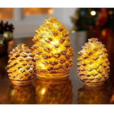 Image of Set of 3 Glass LED Battery Powered Light Up Decor Pine Cones