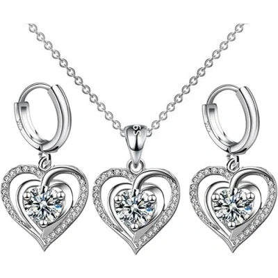 Image of TOFBS Jewellery Set for Women and Girls 925 Sterling Silver Necklace Earrings Heart/Moon Pendant Cubic Zirconia (Heart*Silver)