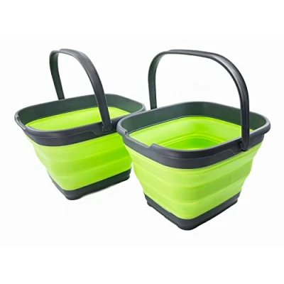 Image of SAMMART 10L Collapsible Rectangular Handy Basket/Bucket (Grey/Grass Green (Set of 2))