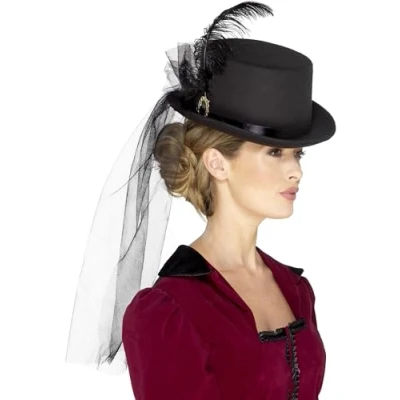 Image of Smiffys Deluxe Ladies Victorian Top Hat, with Elastic, Bla Inner Rim, Attached Veil, Feathers &amp; Brooch, Historical Fancy Dress, Adult Dress Up Hats