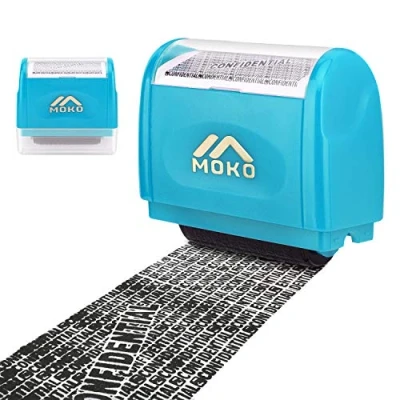 Image of MoKo Identity Theft Protection Stamp Roller, Refillable Self Inking Wide Roller Security Stamp, Private &amp; Confidential for Personal Information Blackout, Large Size, Blue