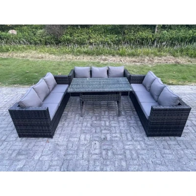 Image of 9 Seater Outdoor Wicker Garden Furniture Rattan Lounge Sofa Set Patio Rectangular Dining Table Three Dark Grey Mixed Fimous
