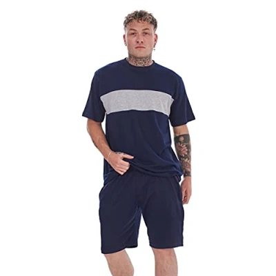 Image of Malay Pyjama Set Shorts Cotton Jersey Round Neck Loungewear Striped T Shirt Nightwear Navy