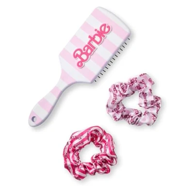Image of Barbie Womens Hair Brush and Scrunchie Set Adults Retro Stripe Print Bobble Paddle with 3D Logo in Pink Detangling Cushion Band Cartoon Movie Merchandise Gift