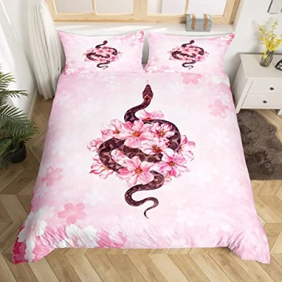 Image of Manfei Snake Duvet Cover Set King Size, Wild Reptile Animal Comforter with 2 Pillowcases, Pink Flower Petal Bedding 3pcs for Kids Girls Teens Bedroom Decor, Peach Blossom Bedspread
