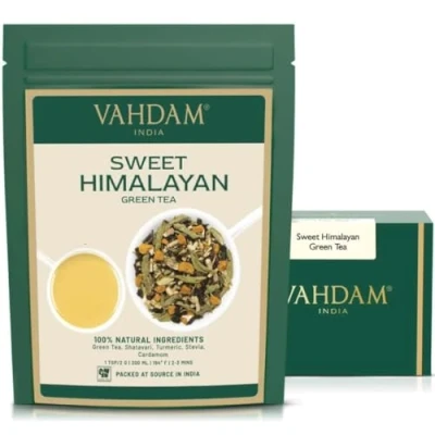 Image of VAHDAM, Himalayan Green Tea Loose Leaf (50+ Cups) 100% Pure Leaves, Stevia, Turmeric, Shatavari, Cardamom, Ashwagandha Brew As Hot Or Iced