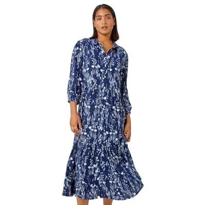Image of Roman Originals Shirt Dress for Women UK Ladies Belted Collared Midi Maxi Summer Smart Casual Button Through Evening Office A Line Swing Skater Spring Holiday Vacation Navy &amp; White Size 10