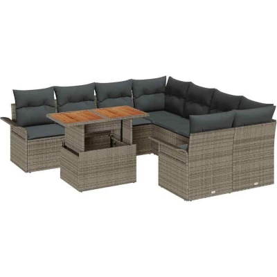 Image of vidaXL 9 Piece Garden Sofa Set with Cushions Grey Poly Rattan Acacia