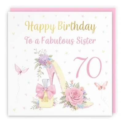 Image of Hunts England 70th Sister High Heel And Perfume Birthday Card Luxury Gold Foil Milo&#039;s Gallery Age 70 Butterflies, Flowers, Hearts Pretty For