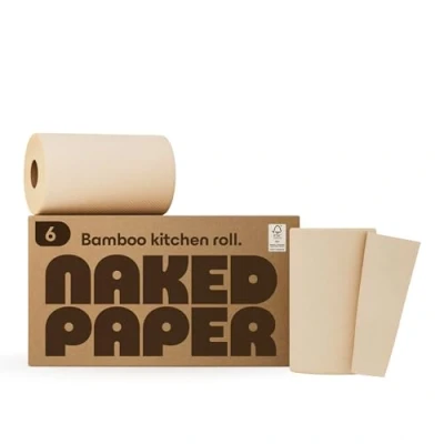 Image of Naked Paper Unbleached Bamboo Kitchen Towels 6 Rolls, 2 Ply Absorbent Sustainable Towel, 100 Large Towel Sheets Per Roll, No Harsh Chemicals, Food Safe