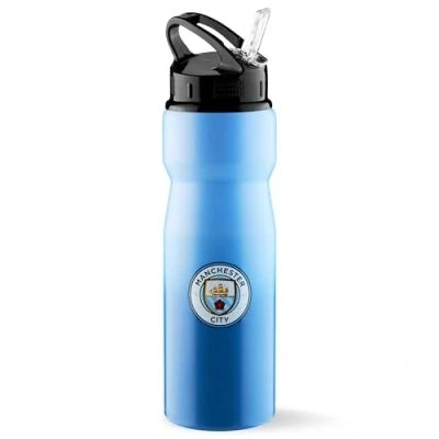 Image of MANCHESTER City FC Water Bottle with Straw Metal Football Fans Sports Work Gym Man Gifts for Men
