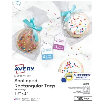 Image of Avery Printable Blank Scallop Gift Tags with Sure Feed, 2&quot; x 1.25&quot;, White, 180 Customizable Strings (22848)