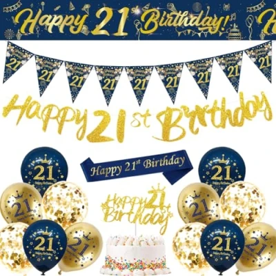 Image of 21st Birthday Decorations Men,Blue Gold Happy Banner,21st Balloons,Bunting Flags,Sash,Cake Toppers for Men Women Blue Party Supplies