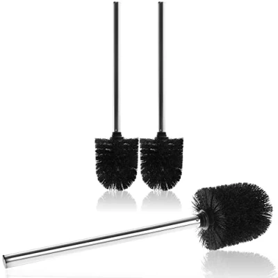 Image of com four® 3x Toilet brush with Exchangeable Head in Black Elegant Stainless Steel Handle, Universal Fit Ø 8cm (03 pieces replacement black)