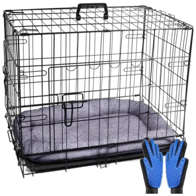 Image of Pretty Pooch Dog Crate Cage Puppy Cat Pet Training Carrier Metal Folding With Tray Double Door and Bed Two Grooming Gloves (Small 24 Inch)