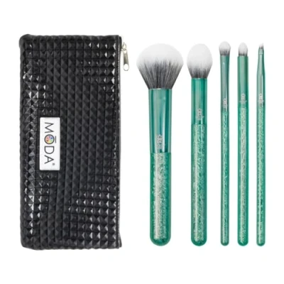 Image of MODA Royal &amp; Langnickel Full Size Crackle 6pc Makeup Brush Set with Pouch Includes Multi Purpose Powder, Contour, Eye Shader, Smoky Eye, and Angle Liner, Emerald