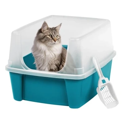 Image of Iris Ohyama Cat Litter Tray with Scoop, Blue, Easy to Clean, Box, Detachable Spill Preventing Walls, For Kittens, Adult Cats, Rabbits, BPA Free, Open Top, Modern, CLH 12