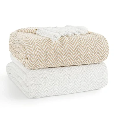 Image of EHC PAIR Pack Chevron Cotton Throws for Sofa Settees Chair Cover Blanket, 127 x 152cm (Pack of 2) Ivory/Tan