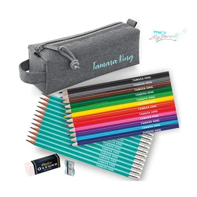 Image of Personalised Marl Grey Block Pencil Case with 12 Colouring Pencils, Matching HB Pencils Erasers Plus Helix Oxford Sharpener and Eraser Printed in UK by &#039;That&#039;s My Pencil&#039; (Aquamarine)
