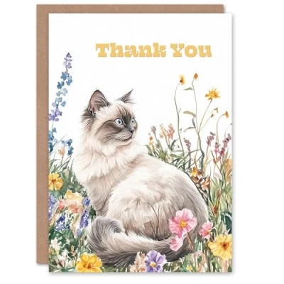 Image of Artery8 Thank You Card Ragdoll Cat Lover Pet and Wildflowers Watercolour Blank For Him Or Her Art Greeting