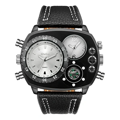 Image of JewelryWe Military Dual Time Zone Watch for Men Big Dial Quartz Cool Punk Leather Wristwatch, Fathers Day