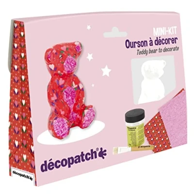 Image of Décopatch Ref KIT037C Teddy Bear Mini Kit Suitable for Children Includes White Papier Mache Animal, 2 x Sheets, Brush &amp; Pot of PaperPatch Glue