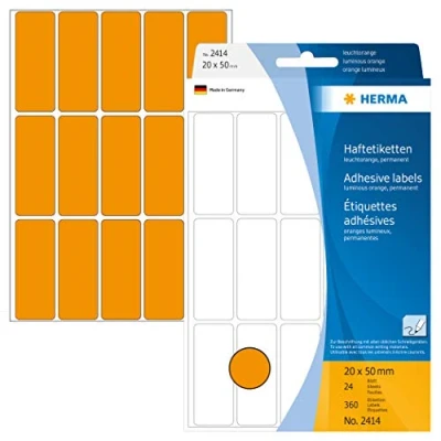 Image of HERMA Multi Purpose Labels, 15 Labels per Sheet, 24 Sheets, 20 x 50 mm, 360 Self Adhesive Small Stickers, Blank Sticky for Office Kitchen Home, Luminous Orange