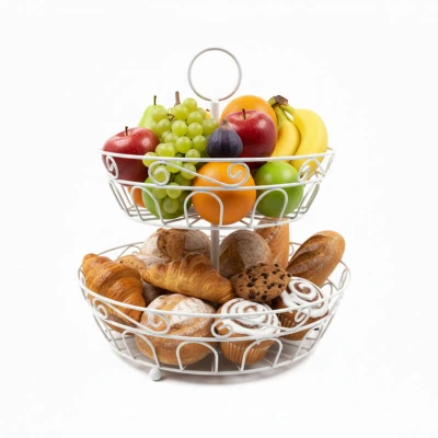 Image of Relaxdays fruit Etagere, 2 tiers, metal, HxD: 30 x 31 cm, &amp; veg, with handle, round bowl, white