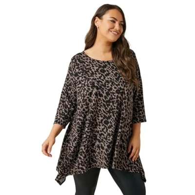 Image of EVANS Curve Leopard Print Hanky Hem Top Women&#039;s Plus Size Brown