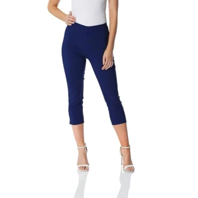 Image of Roman Originals Cropped Trousers for Women UK Ladies Capri Leggings Summer Pants Short Crop Stretch 3/4 Length Three Quarter Pedal Pusher Clothes Elasticated Bengaline Cut Off Midnight Size 10