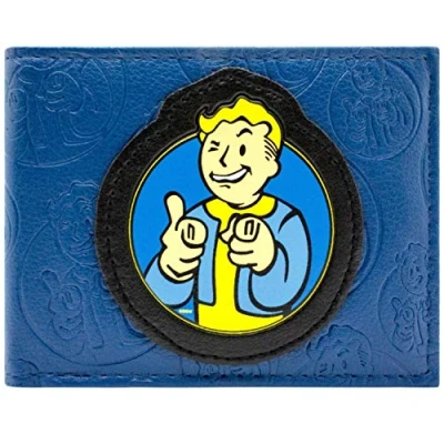 Image of Bethesda Fallout 4 Vault Boy Winking Thumbs Emblem Wallet Bi Fold ID &amp; Card Holder, Blue