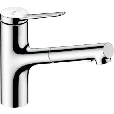 Image of hansgrohe Zesis M33 kitchen tap with pull out spray, 2 sprays, sink spout height 150 mm, mixer swivel spout, chrome