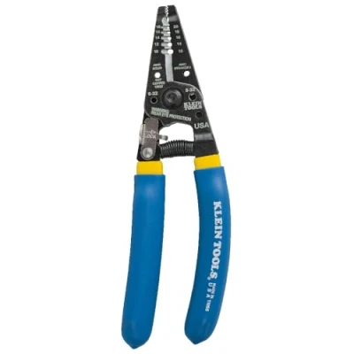 Image of KLEIN TOOLS Wire Stripping Cutter Tool, Strong Gripping Serrated Nose, Double Grip Comfortable Handle with Lock 11055, Blue, 10 18 Awg Solid, 12 20 Stranded