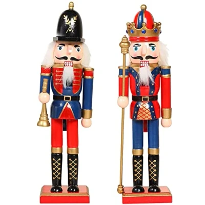 Image of KAHEIGN 2Pcs Wooden Nutcracker Soldiers, 2 Style 30CM Christmas Traditional Figures Premium Pine Wood Painted Soldier for Home Fireplace Tree Party Decoration (Trumpet &amp; Scepter)