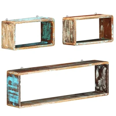 Image of vidaXL 3 Piece Wall Cube Shelf Set in Brown Solid Reclaimed Wood Rustic Storage Organiser for Living Room/Office/Bedroom, Retro