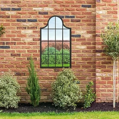 Image of MirrorOutlet The Arcus Black Metal Framed Modern Arched Garden Wall Mirror 41&quot; X 24&quot; (104CM 62CM) Black. 2cm Wide Frame and 3cm Deep.