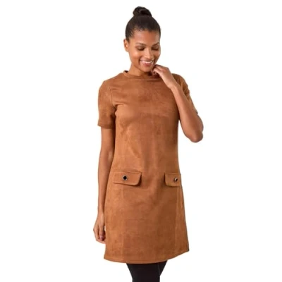 Image of Roman Originals Suedette Button Shift Stretch Dress for Women UK Ladies Everyday Autumn Winter Round Neckline Comfy Soft Evening Vacation Work Party Night Out Camel Size 18