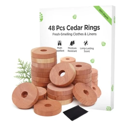 Image of Moth Repellent for Wardrobes 48 Cedar Rings Clothes, Drawers, Storage Boxes 100% Natural Cedarwood Repellent, Aromatic Insect &amp; Killer Wood Sandpaper Included