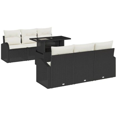 Image of vidaXL 7 Piece Garden Sofa Set with Cushions Black Poly Rattan