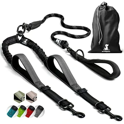 Image of SparklyPets Double Dog Lead For 2 Dogs Rope Bungee Dual Medium and Large with Padded Handles, No Tangle &amp; Reflective Stripes (Black, Dogs)