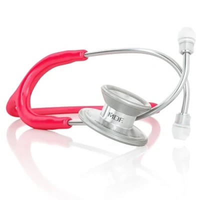Image of MDF MD One Epoch Lightweight Titanium Stethoscope, Adult, Raspberry Tube, Silver Chestpiece Headset, MDF777T23