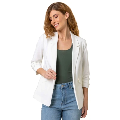 Image of Roman Originals Women Ruched 3/4 Sleeve Blazer Jacket Ladies Spring Everyday Summer Evening Vacation Work Holiday Smart Casual Plain Ivory Size 10