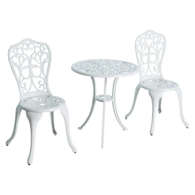 Image of Outsunny 3 Pieces Antique Garden Bistro Set for 2, Cast Aluminium Furniture with Umbrella Hole Balcony, Porch, Patio, White