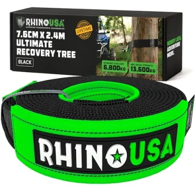 Image of Rhino USA Tree Saver Tow Strap (7.6 cm x 2.4 m) Lab Tested 13,600kg Break Strength Heavy Duty Draw String Included Triple Reinforced Loop Straps Emergency Off Road Recovery Rope Black