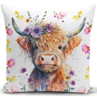 Image of KUNQIAN Cushion Cover Highland Cow Decorations Scottish Gift for Women Pillow Animal Outdoor Flower Throw Case Decor Home Livingroom Couch Sofa 18&quot;x18&quot;(45x45cm)