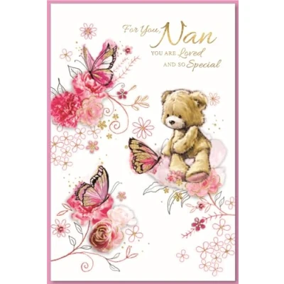 Image of Birthday Card for Nan with Teddy Bear on A Flower, 15x23 cm, Pink Foil Glitter, Color Print Verse