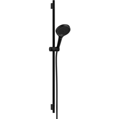 Image of hansgrohe Rainfinity water saving shower set, head (EcoSmart) with rail 52cm, holder and Designflex textile hose 160cm, hand 3 sprays, matt black, 28744670, 28744670
