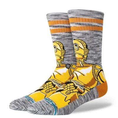 Image of Stance C3PO Crew Socks Star Wars Robot Grey Gold Striped Patterned Calf Large